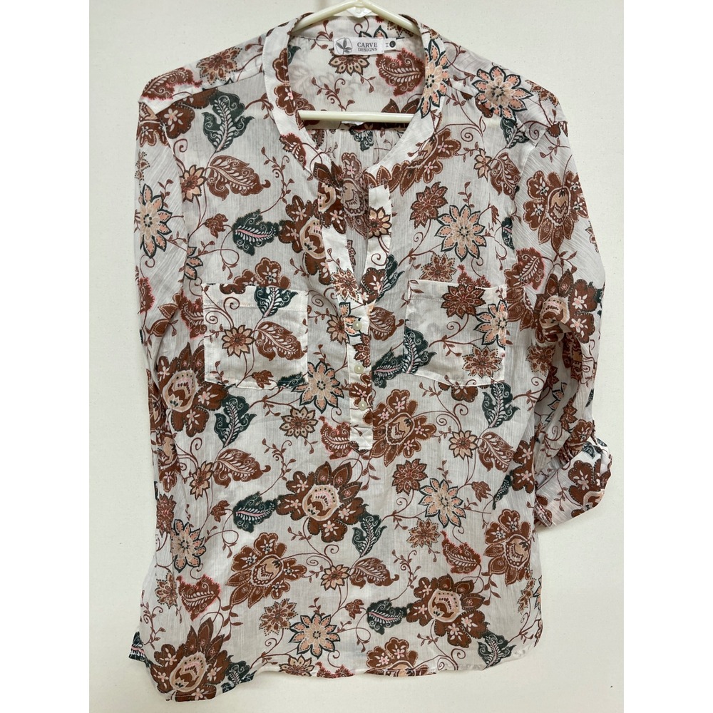 Carve Designs Floral Paisley Tunic Top Brown Rust Boho Button Front Blouse L